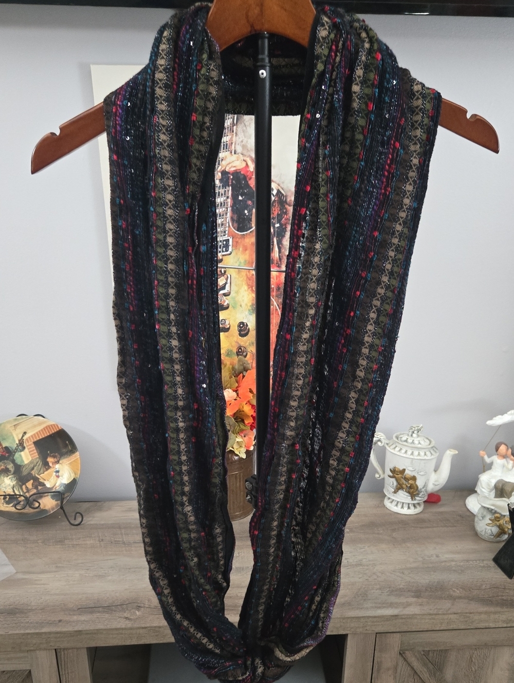 Woven Textured Infinity Scarf in Black and Multicolor